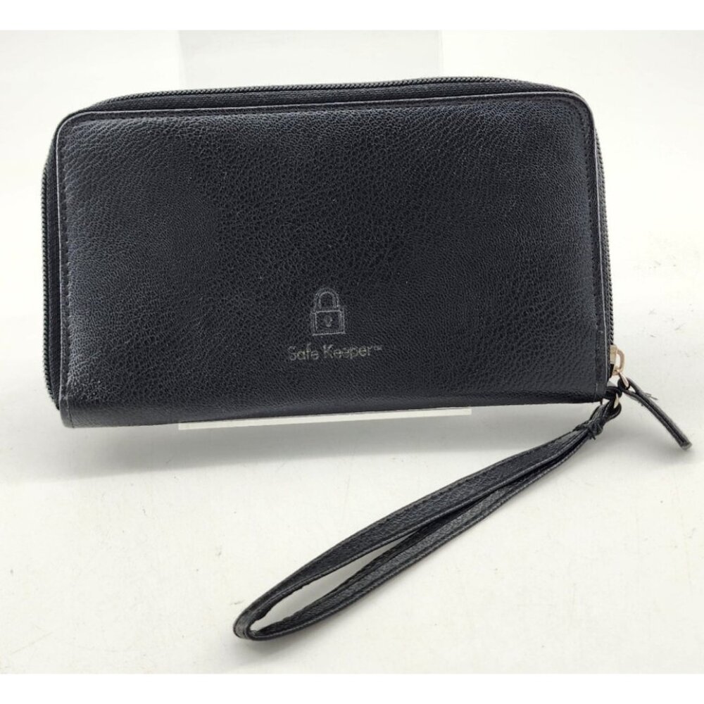 Safe Keeper Zip Around Wristlet Wallet with Phone Holder Black Pebbled Leather
